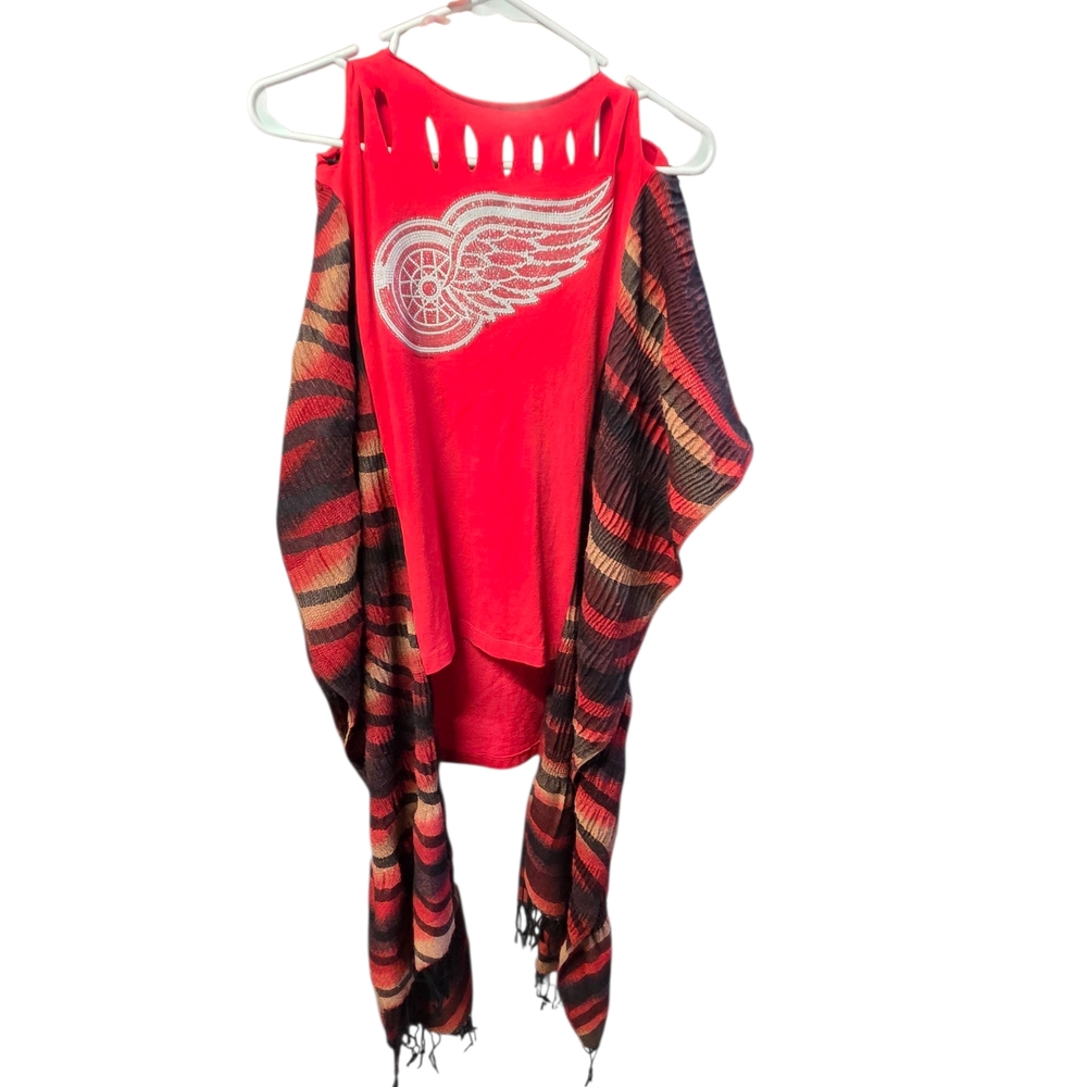 Upcycled Red Wings Tank Top with Striped Shawl